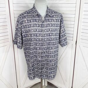 Tori Richard Tropical Print Cotton Lawn Button Up Camp Hawaiian Shirt Blue Large
